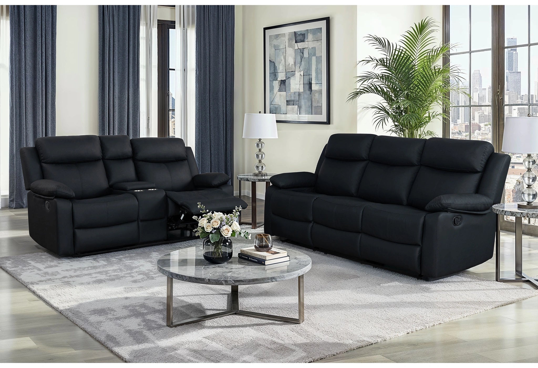 U6026 Black Pu 72A Rec Sofa/Console Rec Loveseat with LED and Speaker