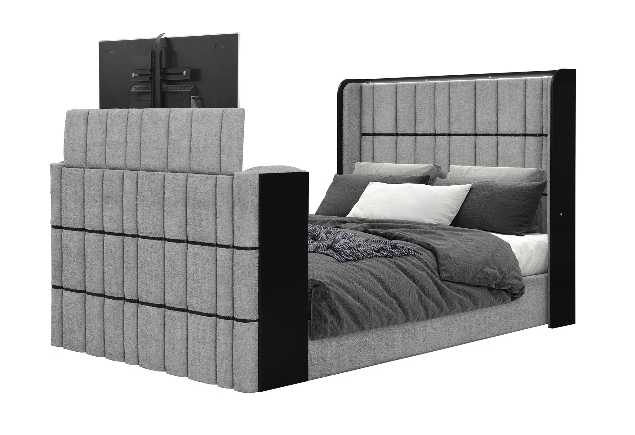 Isabella Grey Bed with LED, TV Lift, Speaker and Fireplace