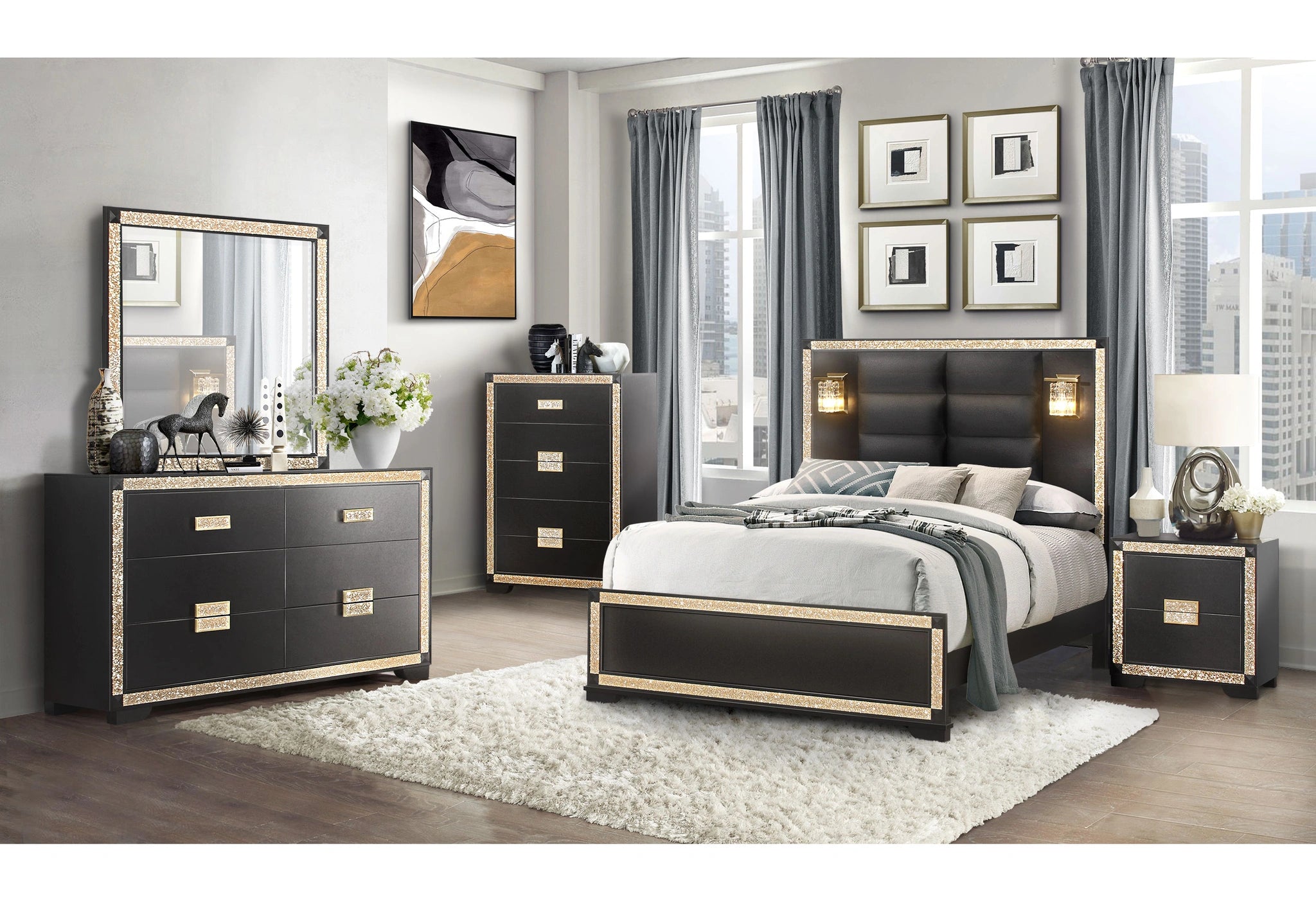 Blake Black Bed with Lamps