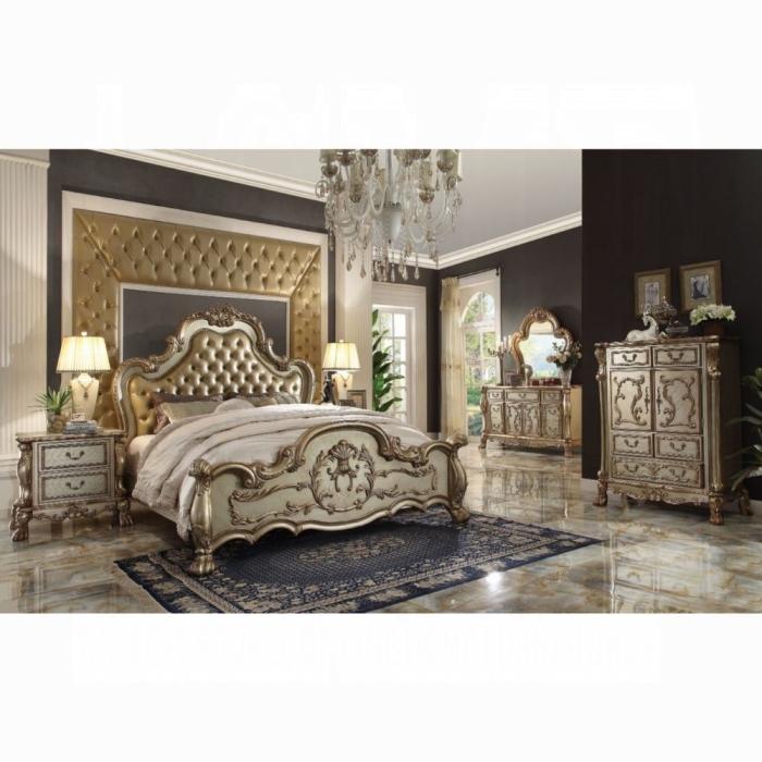Dresden Bone PU & Gold Patina California King Bed - Joseph's Furniture (East Orange, NJ)