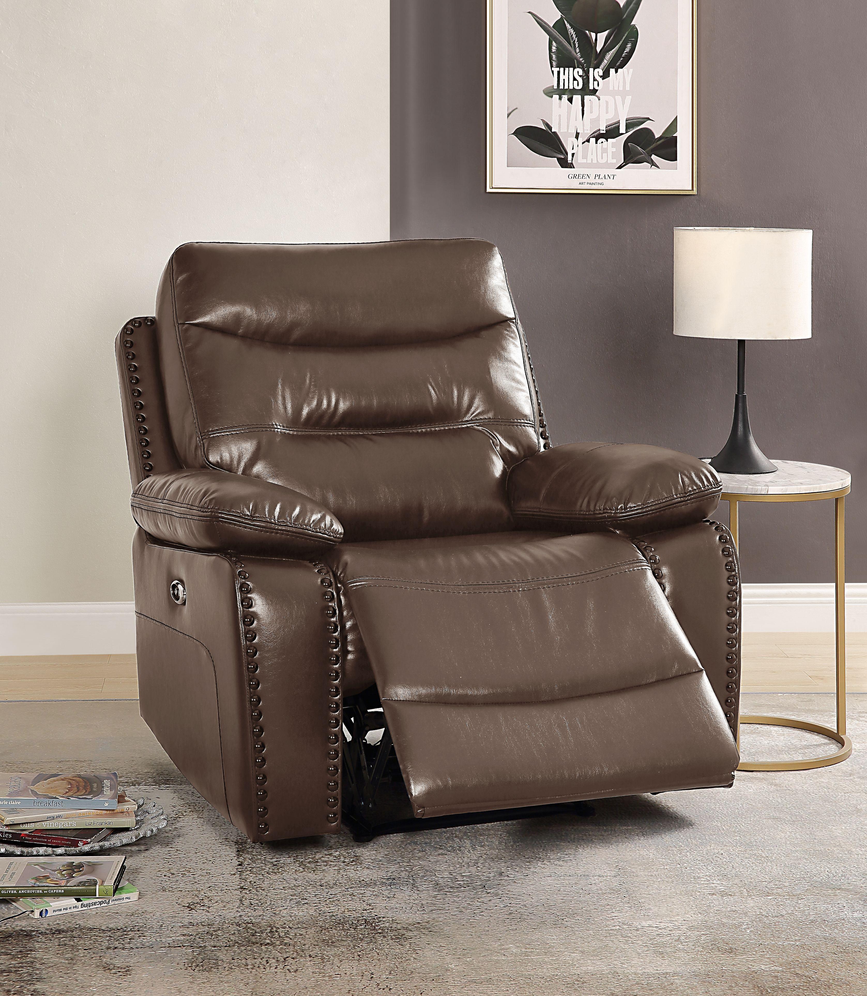 Aashi Brown Leather-Gel Match Recliner (Power Motion) - Joseph's Furniture (East Orange, NJ)