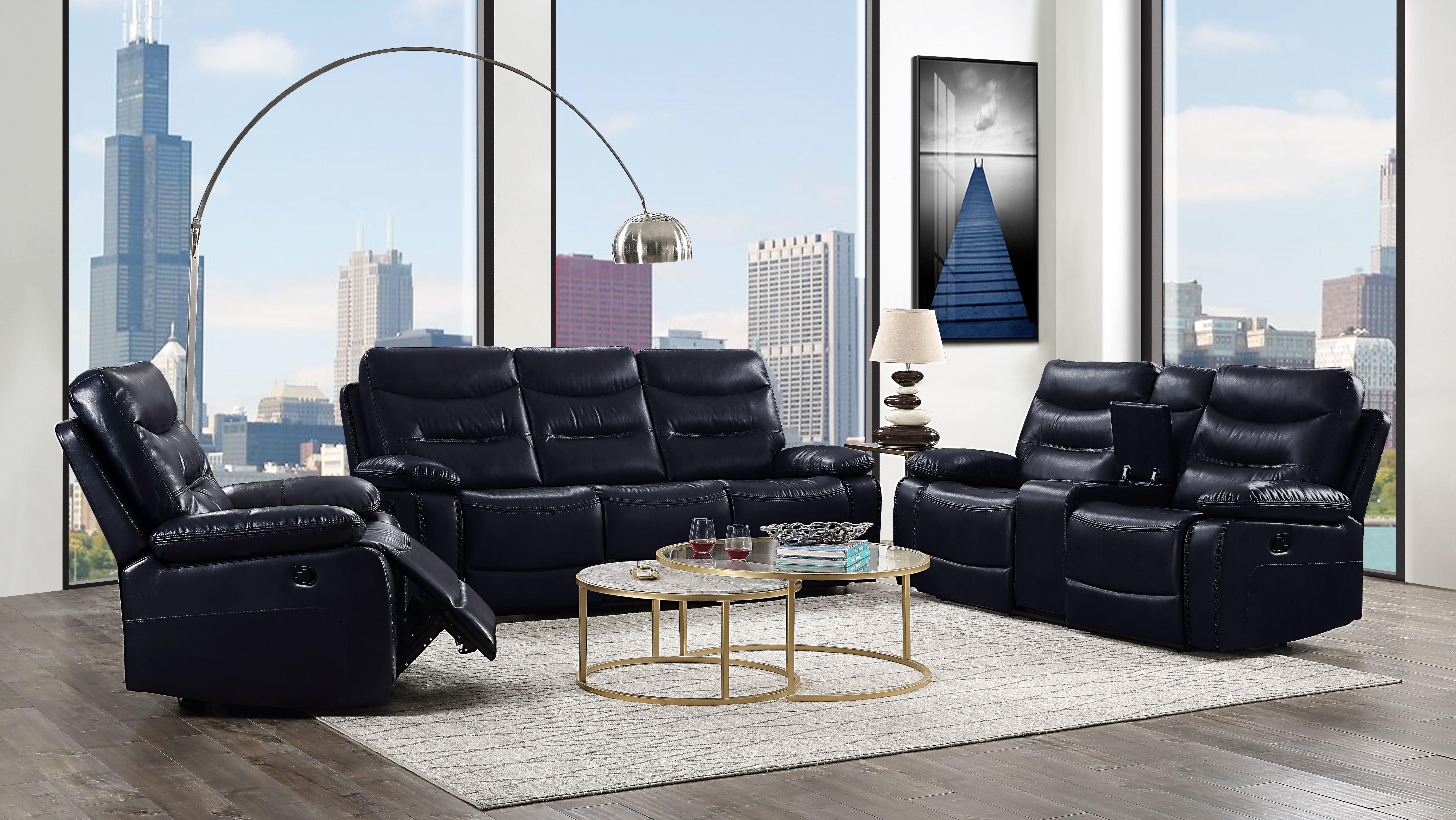 Aashi Navy Leather-Gel Match Sofa (Motion) - Joseph's Furniture (East Orange, NJ)