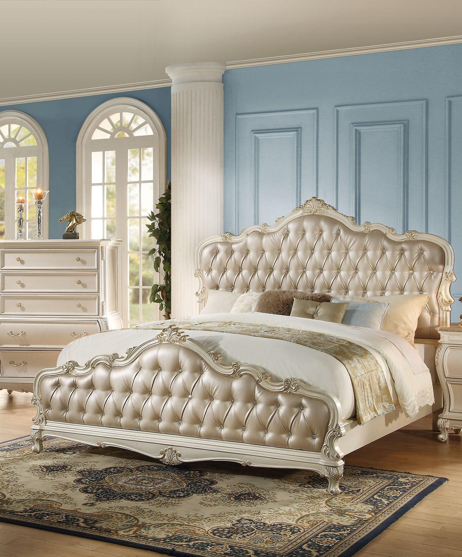 Acme Chantelle Queen Bed with Button Tufted Panels in Pearl White 23540Q - Joseph's Furniture (East Orange, NJ)