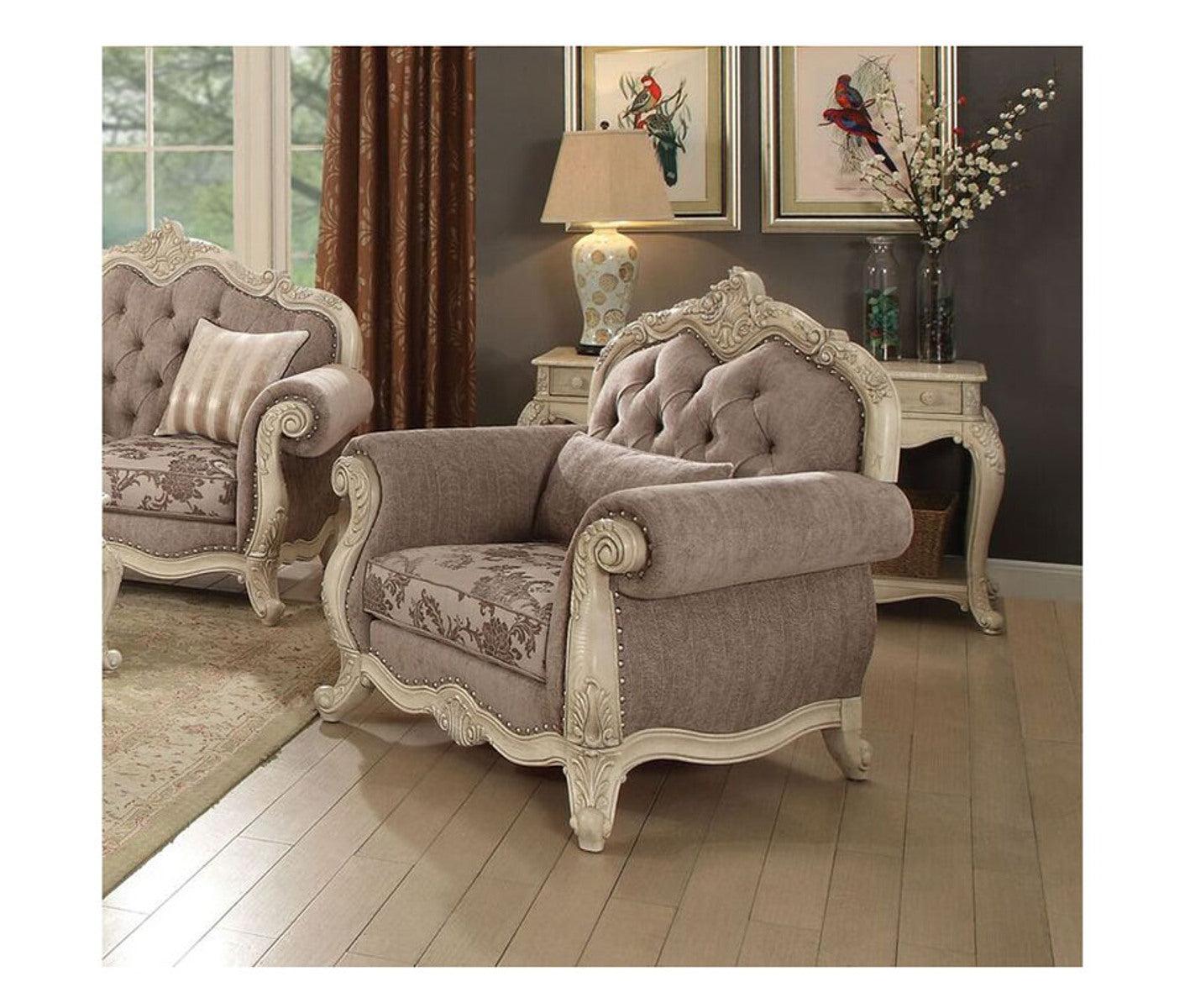 Acme Ragenardus Chair with 1 Pillow in Gray Fabric & Antique White 56022 - Joseph's Furniture (East Orange, NJ)