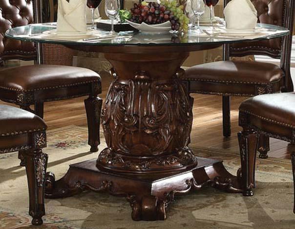 Acme Vendome Single Pedestal Dining Table with 54" Tempered Glass Top in Cherry 62010 - Joseph's Furniture (East Orange, NJ)