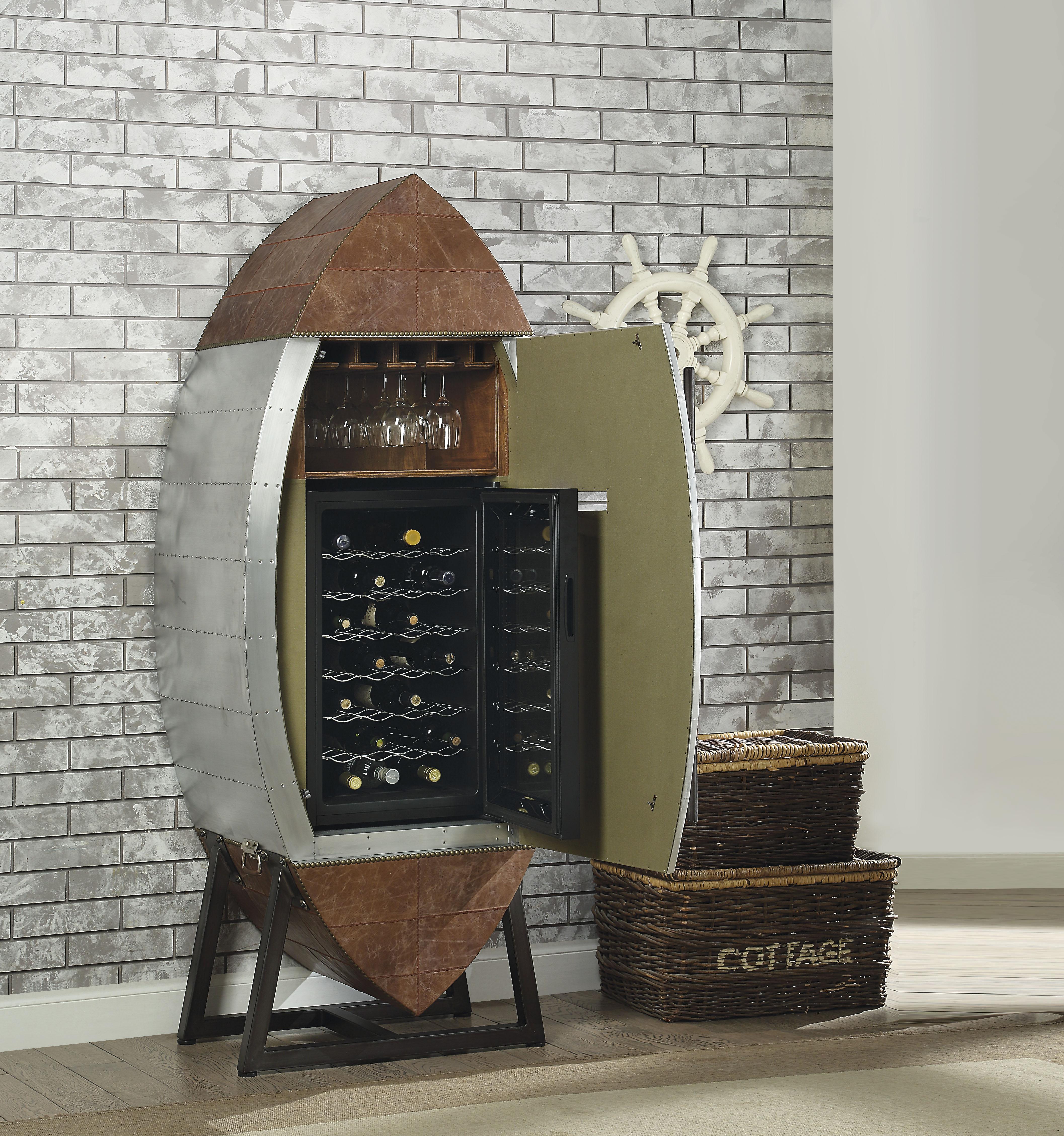 Brancaster Retro Brown Top Grain Leather & Aluminum Wine Cabinet & Cooler - Joseph's Furniture (East Orange, NJ)