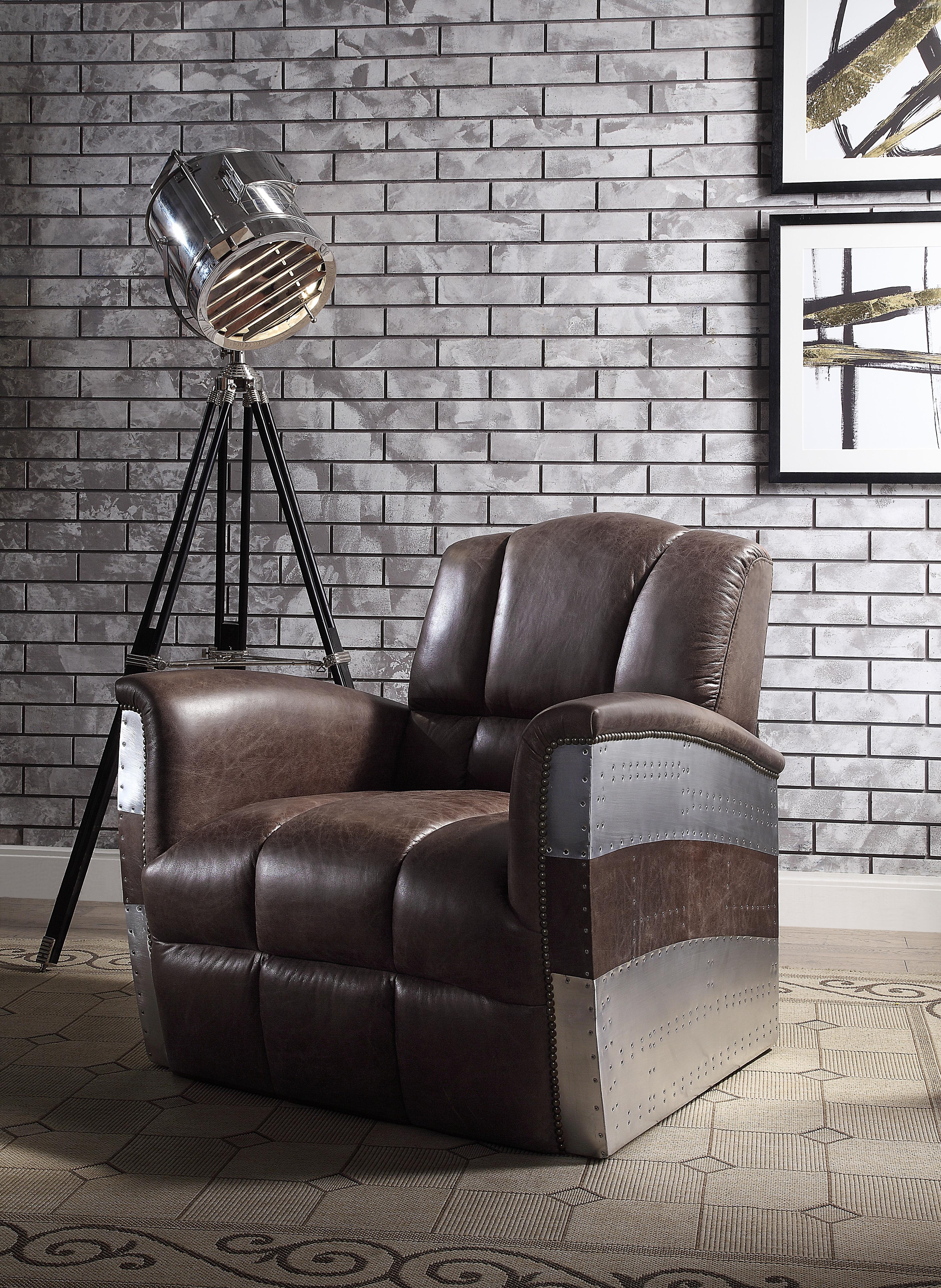 Brancaster Retro Brown Top Grain Leather & Aluminum Accent Chair - Joseph's Furniture (East Orange, NJ)