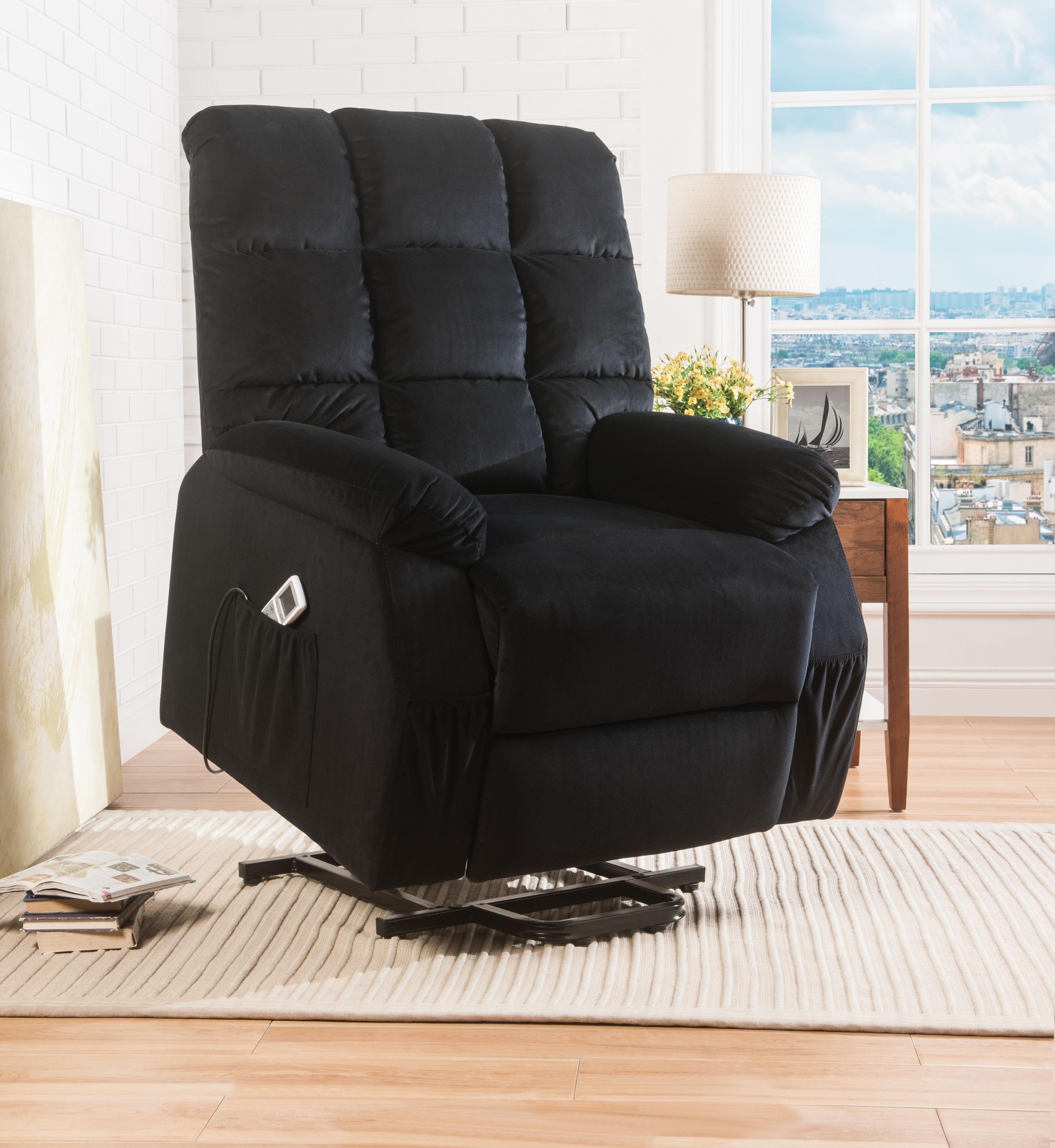 Ipompea Black Velvet Recliner w/Power Lift & Massage - Joseph's Furniture (East Orange, NJ)