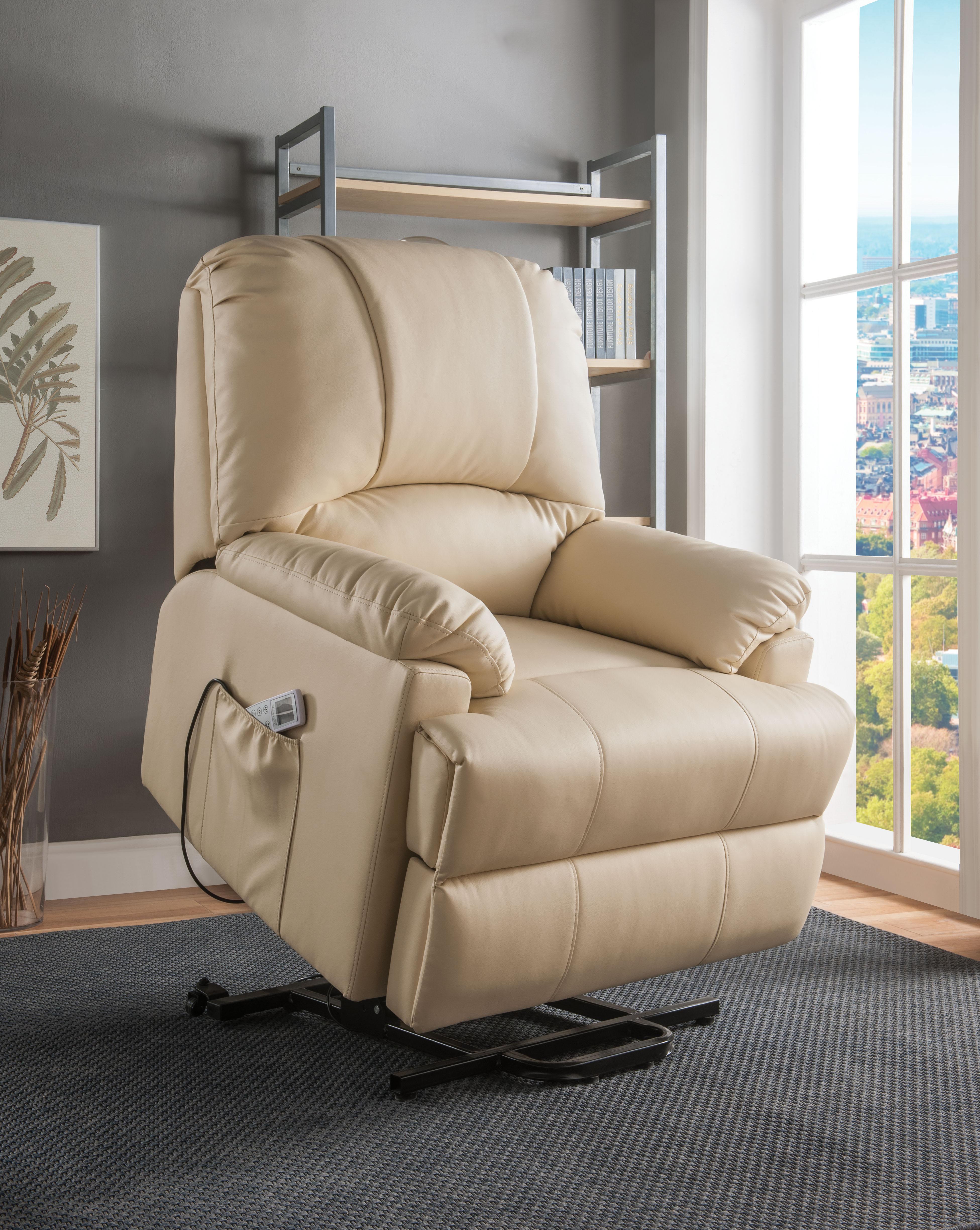 Ixora Beige PU Recliner w/Power Lift & Massage - Joseph's Furniture (East Orange, NJ)