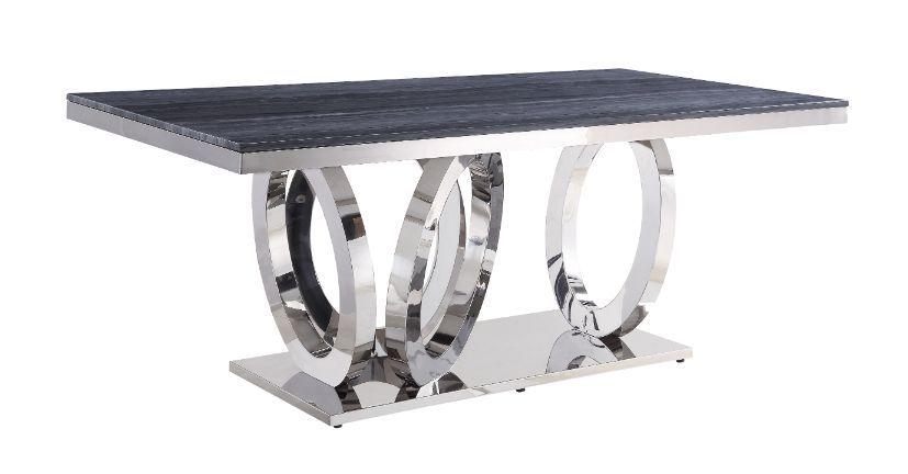 Nasir Gray Printed Faux Marble & Mirrored Silver Finish Dining Room Table - Joseph's Furniture (East Orange, NJ)