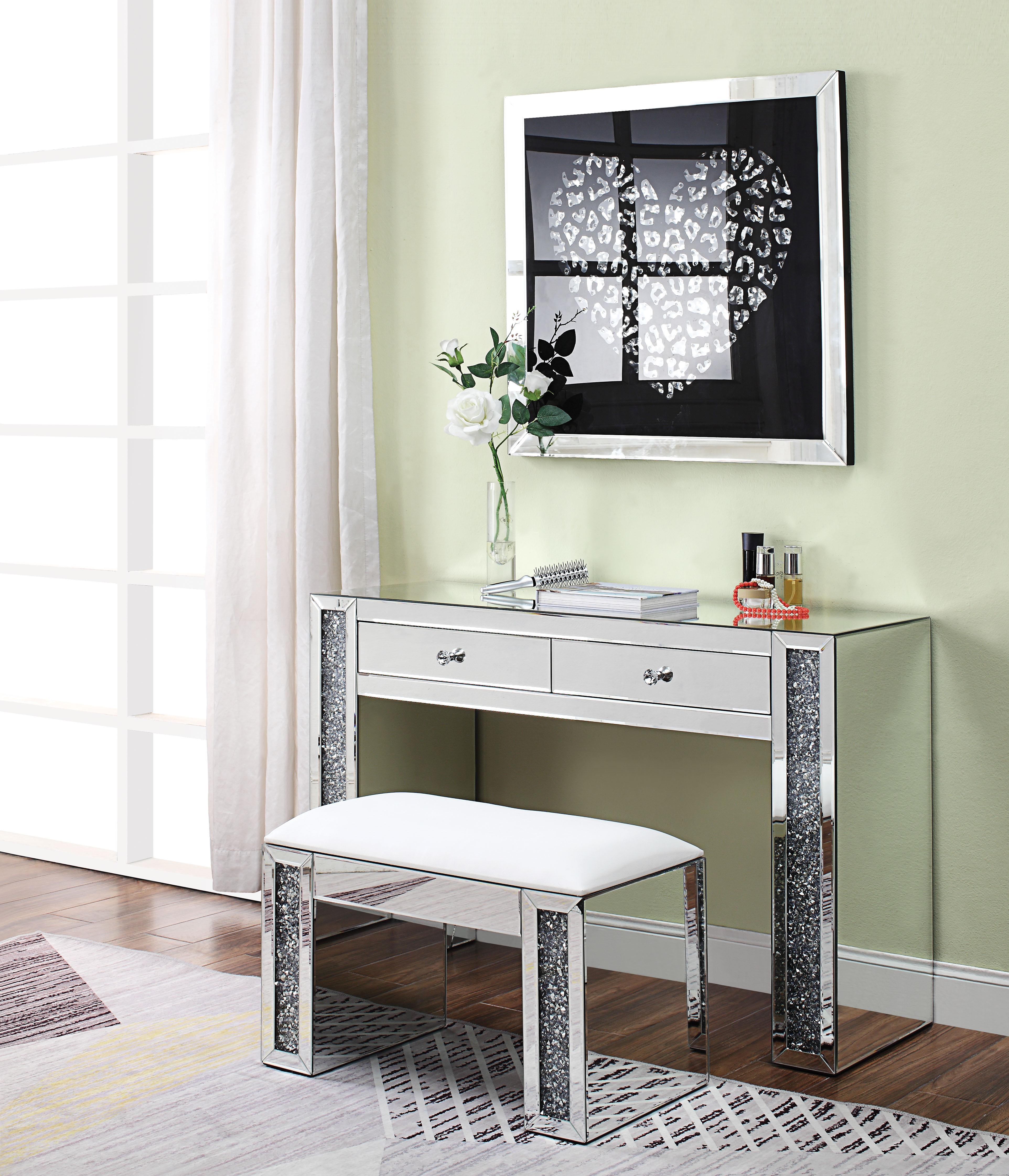 Noralie PU, Mirrored & Faux Diamonds Vanity Stool - Joseph's Furniture (East Orange, NJ)