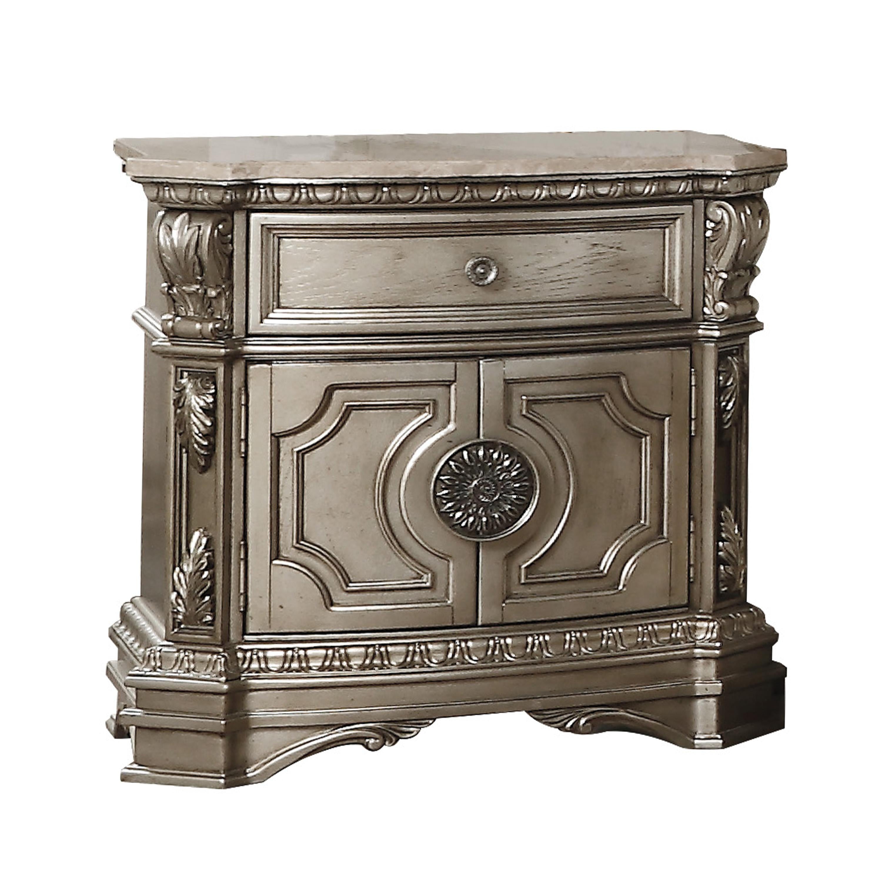 Northville Antique Silver Nightstand (MARBLE TOP) - Joseph's Furniture (East Orange, NJ)