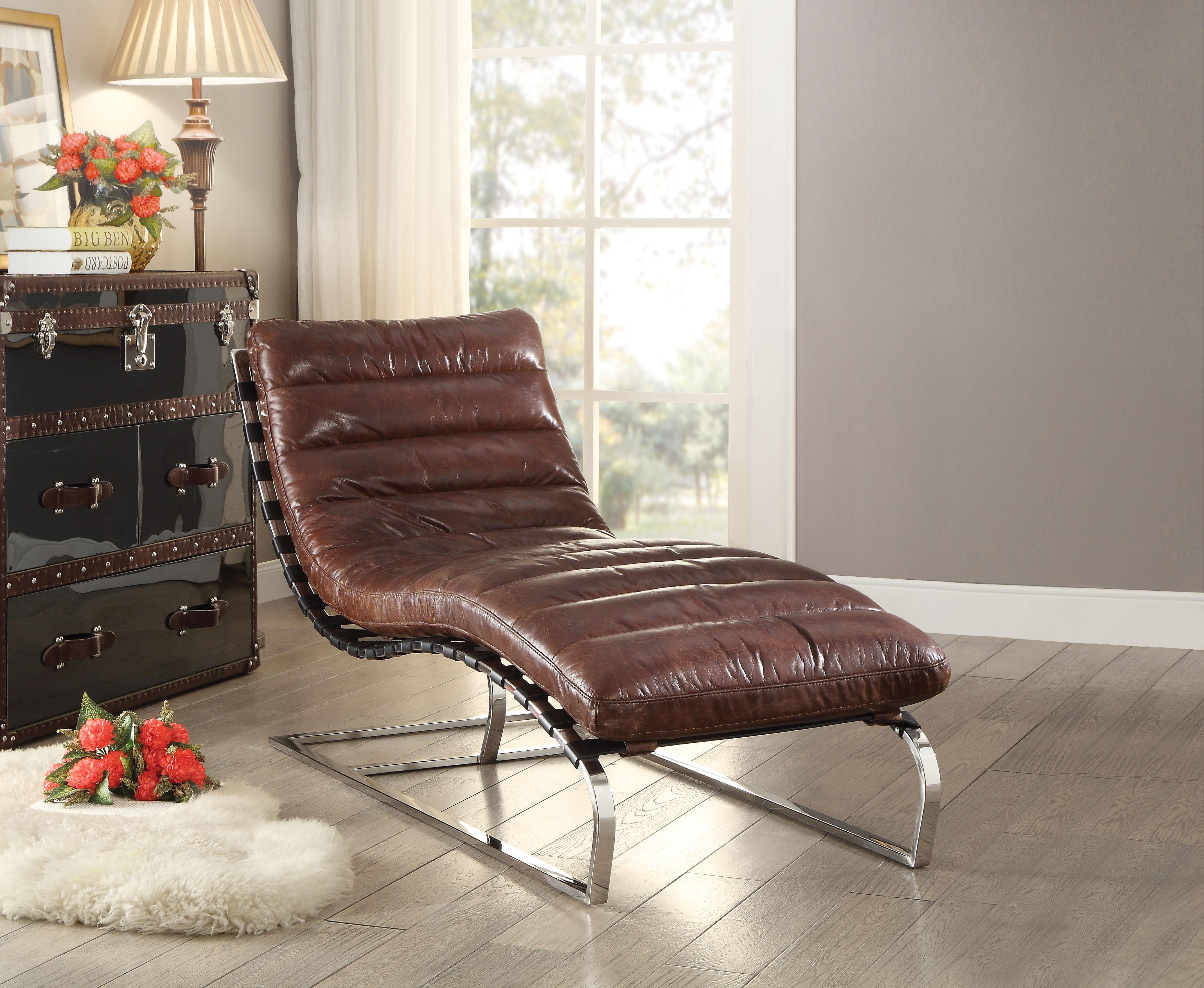 Qortini Vintage Dark Brown Top Grain Leather & Stainless Steel Chaise