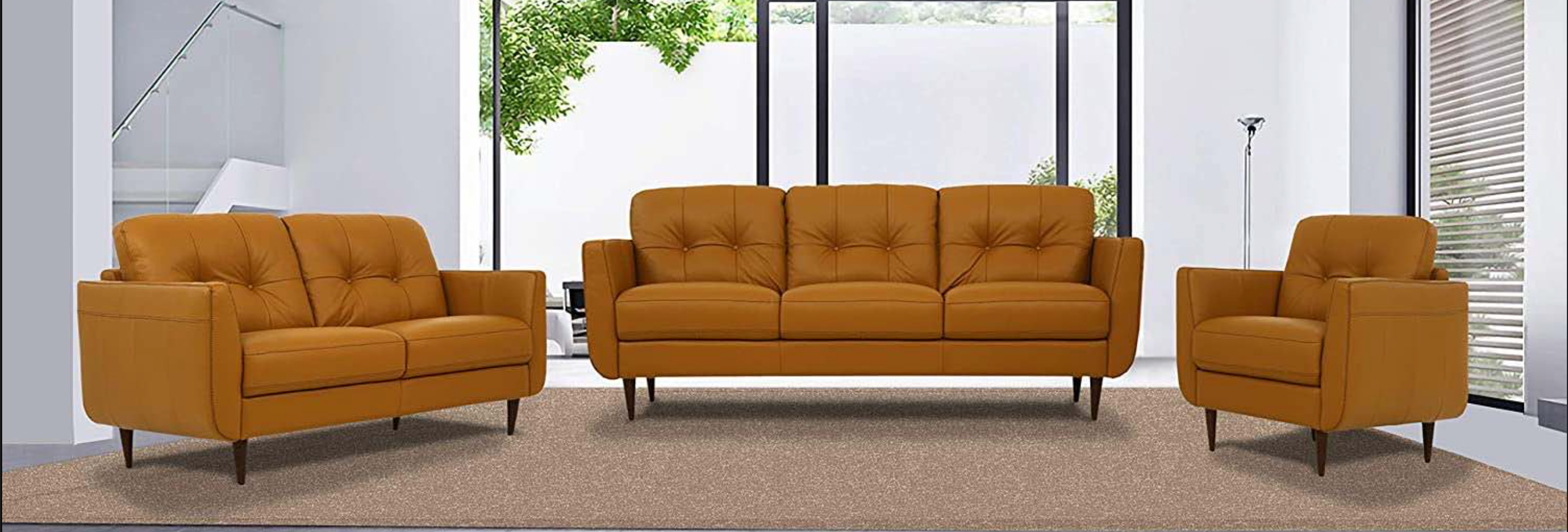 Radwan Pesto Camel Leather 3-Piece Living Room Set - Joseph's Furniture (East Orange, NJ)