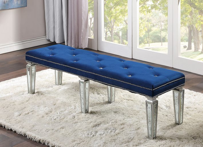 Varian Blue Velvet & Mirrored Bench - Joseph's Furniture (East Orange, NJ)