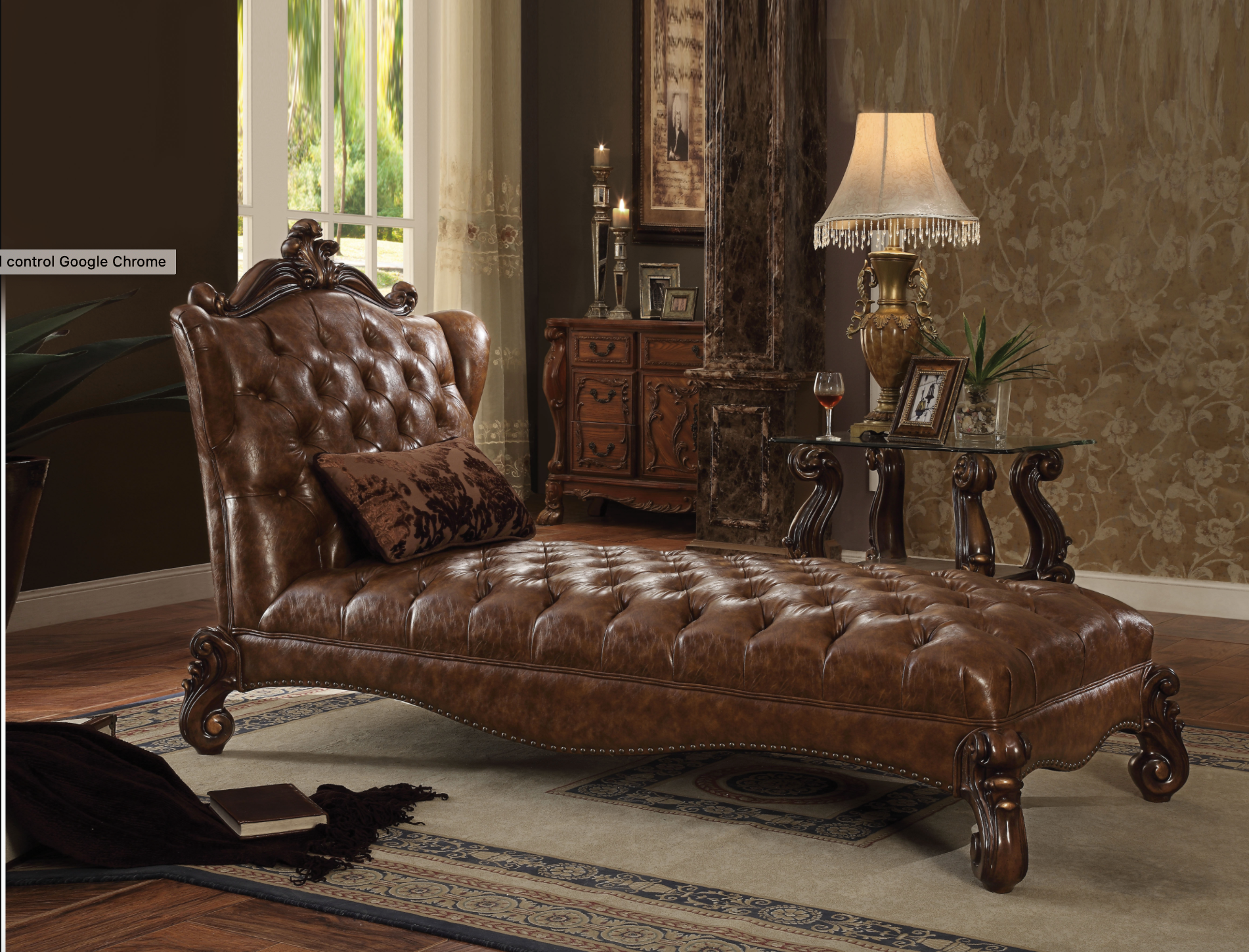 Versailles 2-Tone Light Brown PU & Cherry Oak Chaise & Pillow - Joseph's Furniture (East Orange, NJ)