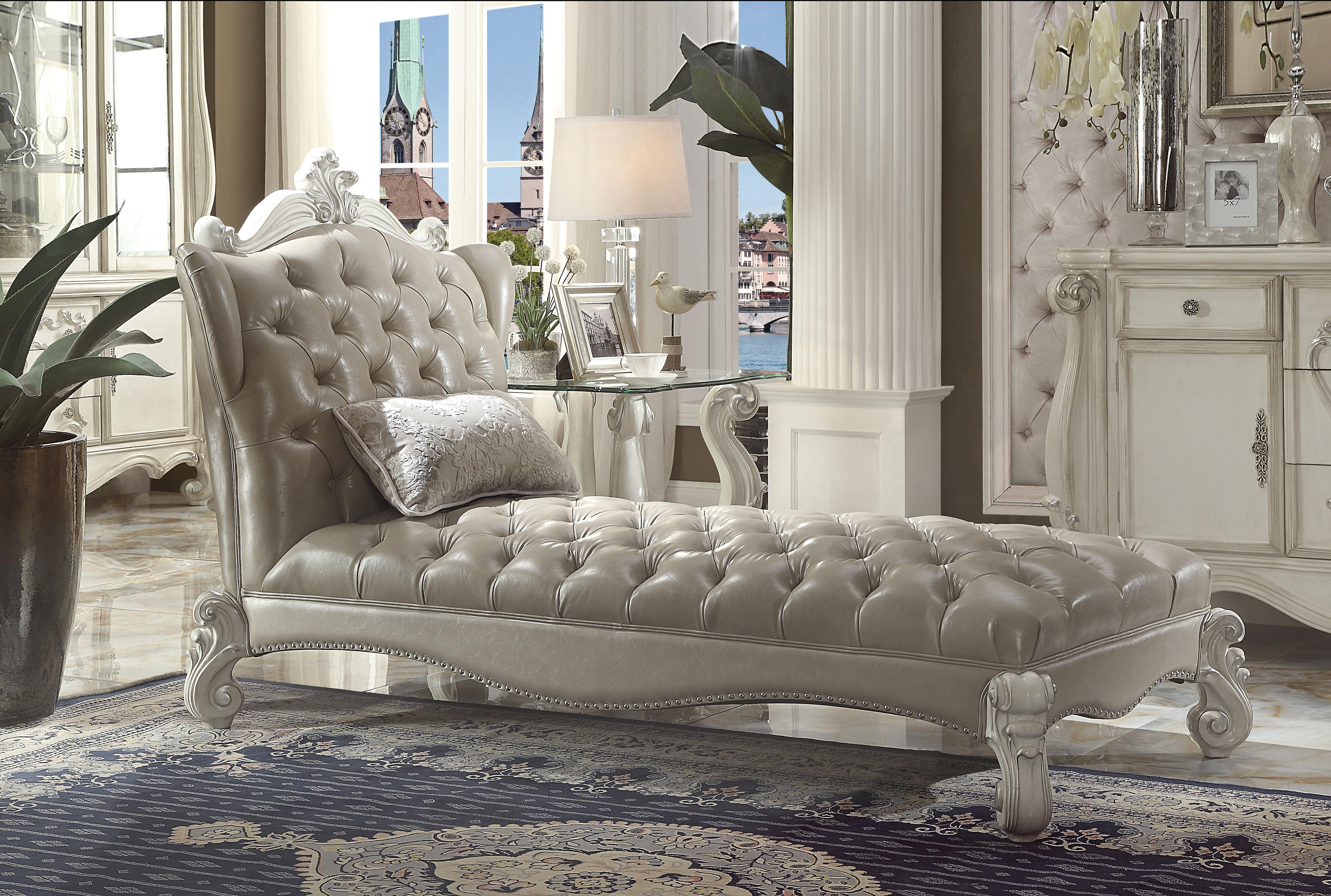 Versailles Vintage Gray PU & Bone White Chaise & Pillow - Joseph's Furniture (East Orange, NJ)