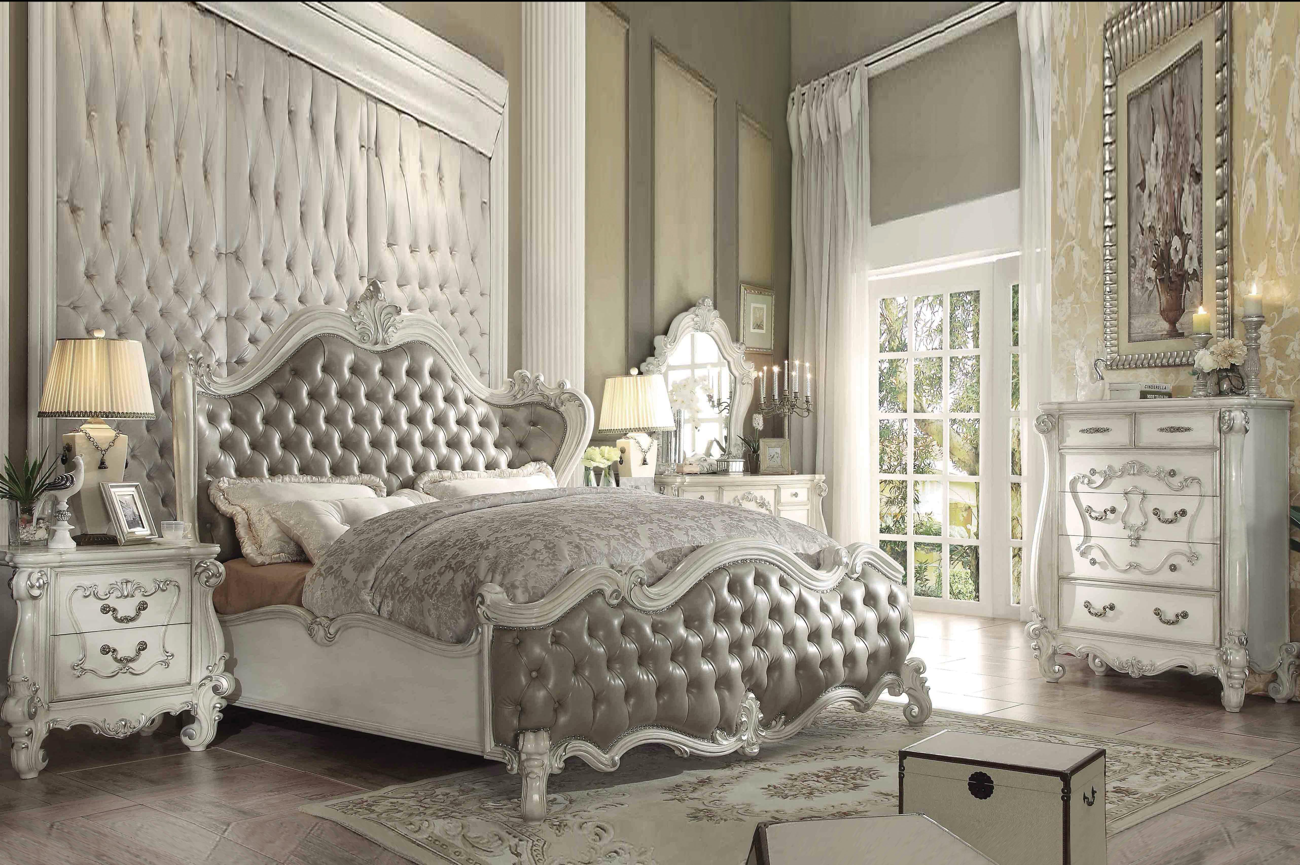Versailles Vintage Gray PU & Bone White Queen Bed - Joseph's Furniture (East Orange, NJ)