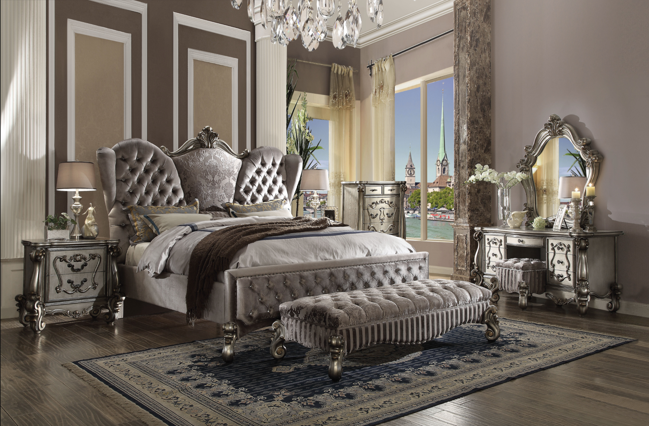 Versailles Velvet & Antique Platinum California King Bed - Joseph's Furniture (East Orange, NJ)