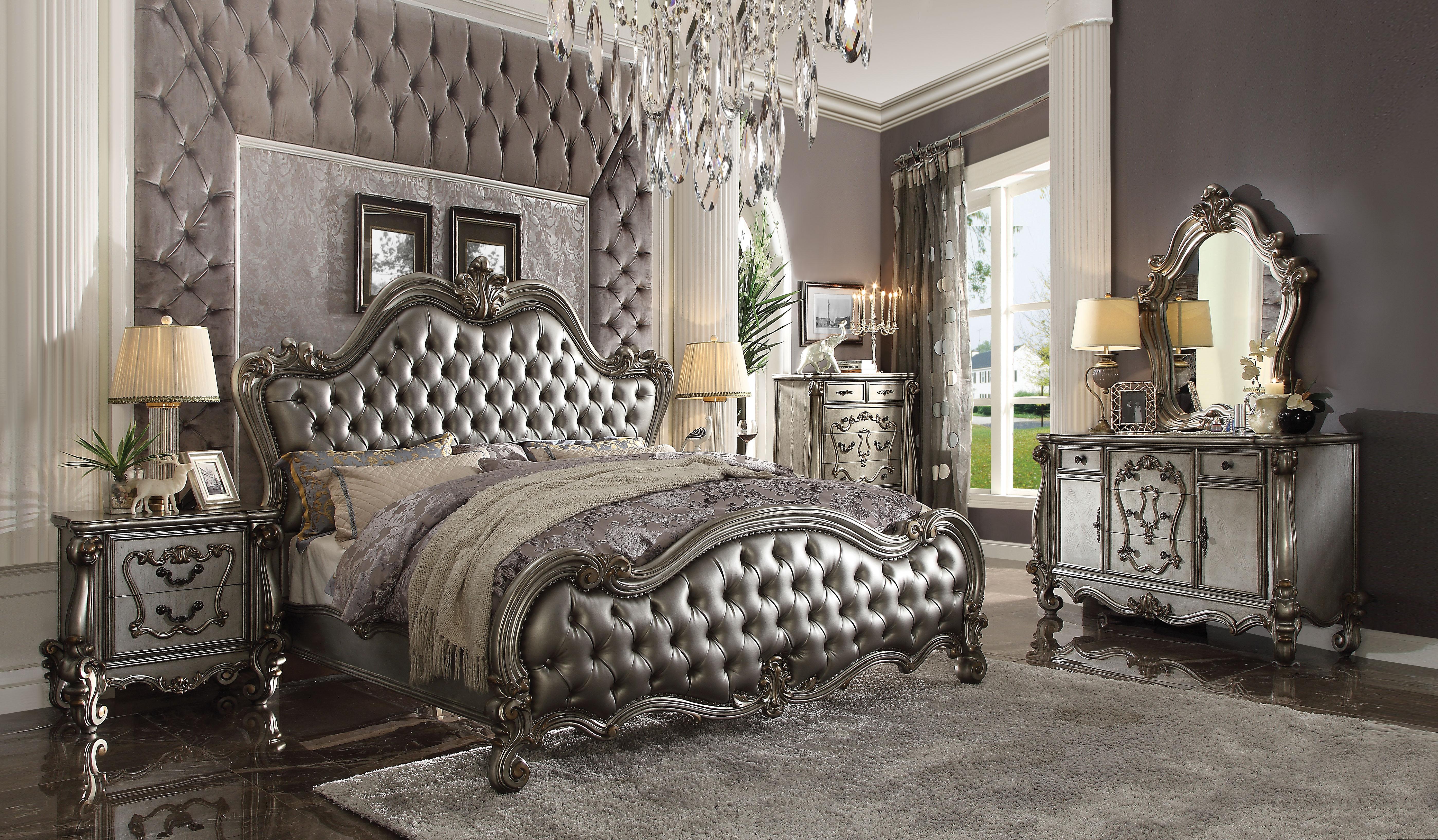 Versailles II Silver PU & Antique Platinum Queen Bed - Joseph's Furniture (East Orange, NJ)