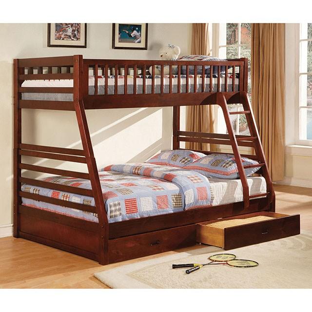 California II Cherry Twin/Full Bunk Bed w/ 2 Drawers Cherry, Walnut, Grey, &Oak - Joseph's Furniture (East Orange, NJ)