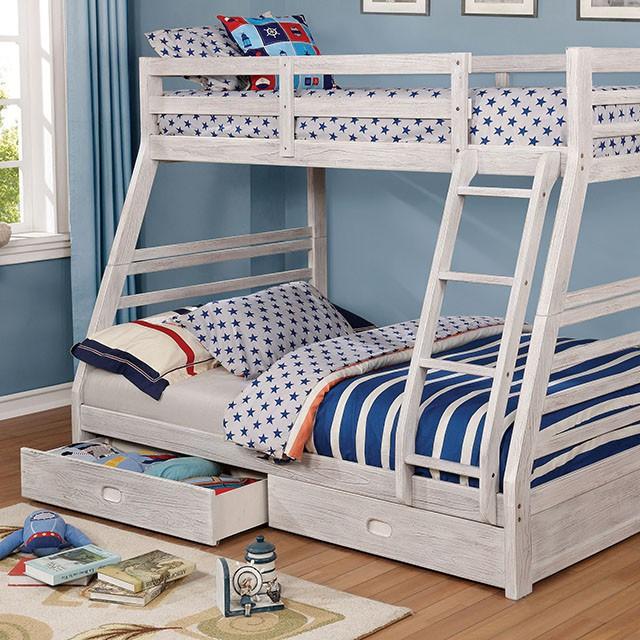 California III Wire-Brushed White Twin/Full Bunk Bed w/ 2 Drawers - Joseph's Furniture (East Orange, NJ)