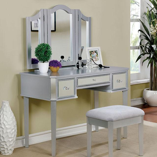 CLARISSE Silver Vanity w/ Stool - Joseph's Furniture (East Orange, NJ)