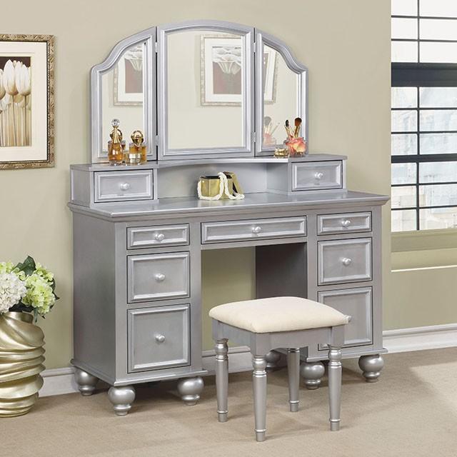 ATHY Silver Vanity w/ Stool - Joseph's Furniture (East Orange, NJ)