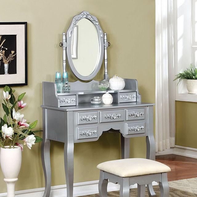 Harriet Silver Vanity w/ Stool - Joseph's Furniture (East Orange, NJ)