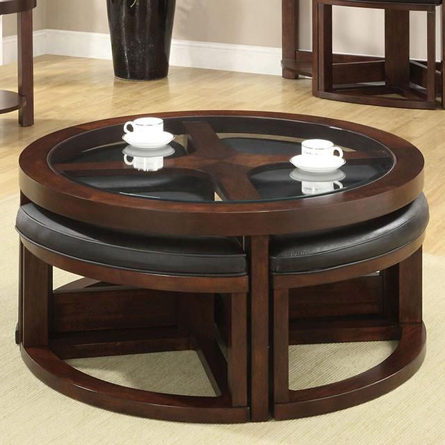 Crystal Cove II Dark Walnut Round Coffee Table w/ 4 Stools - Joseph's Furniture (East Orange, NJ)
