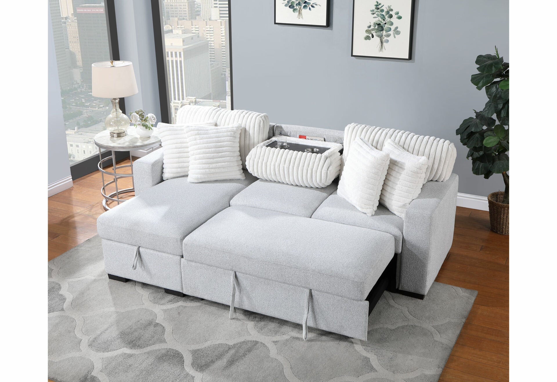 U0204 LIGHT GREY/WHITE REVERSIBLE PULL OUT SOFA BED