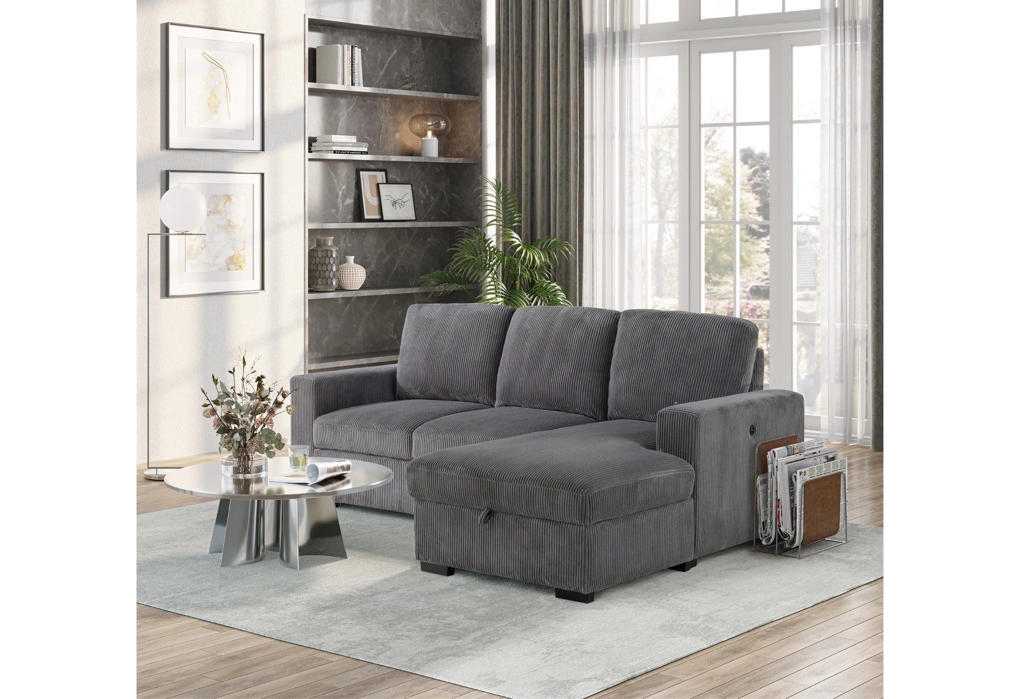U2660 Grey L Sofa Bed Sectional with Pullout