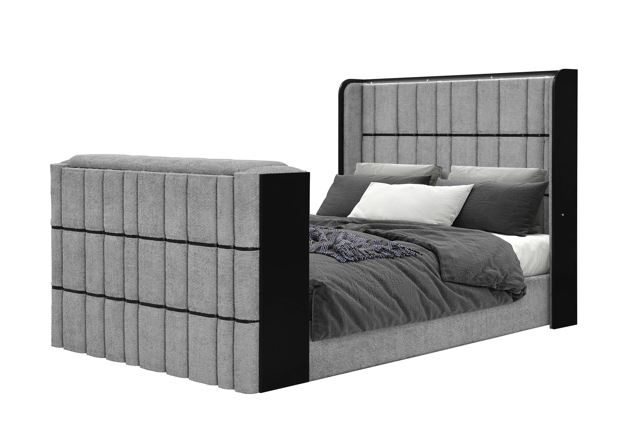 Isabella Grey Bed with LED, TV Lift, Speaker and Fireplace