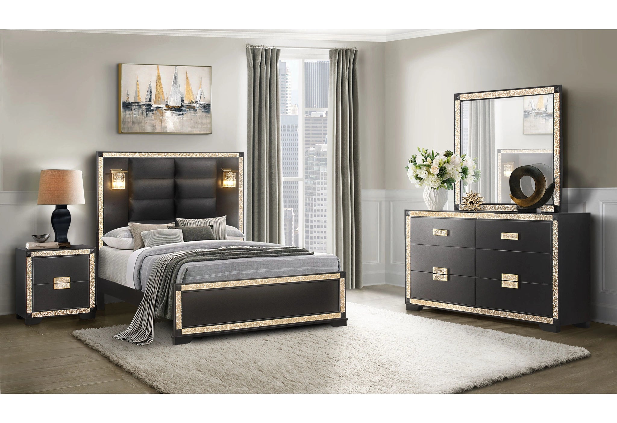 Blake Black Bed with Lamps