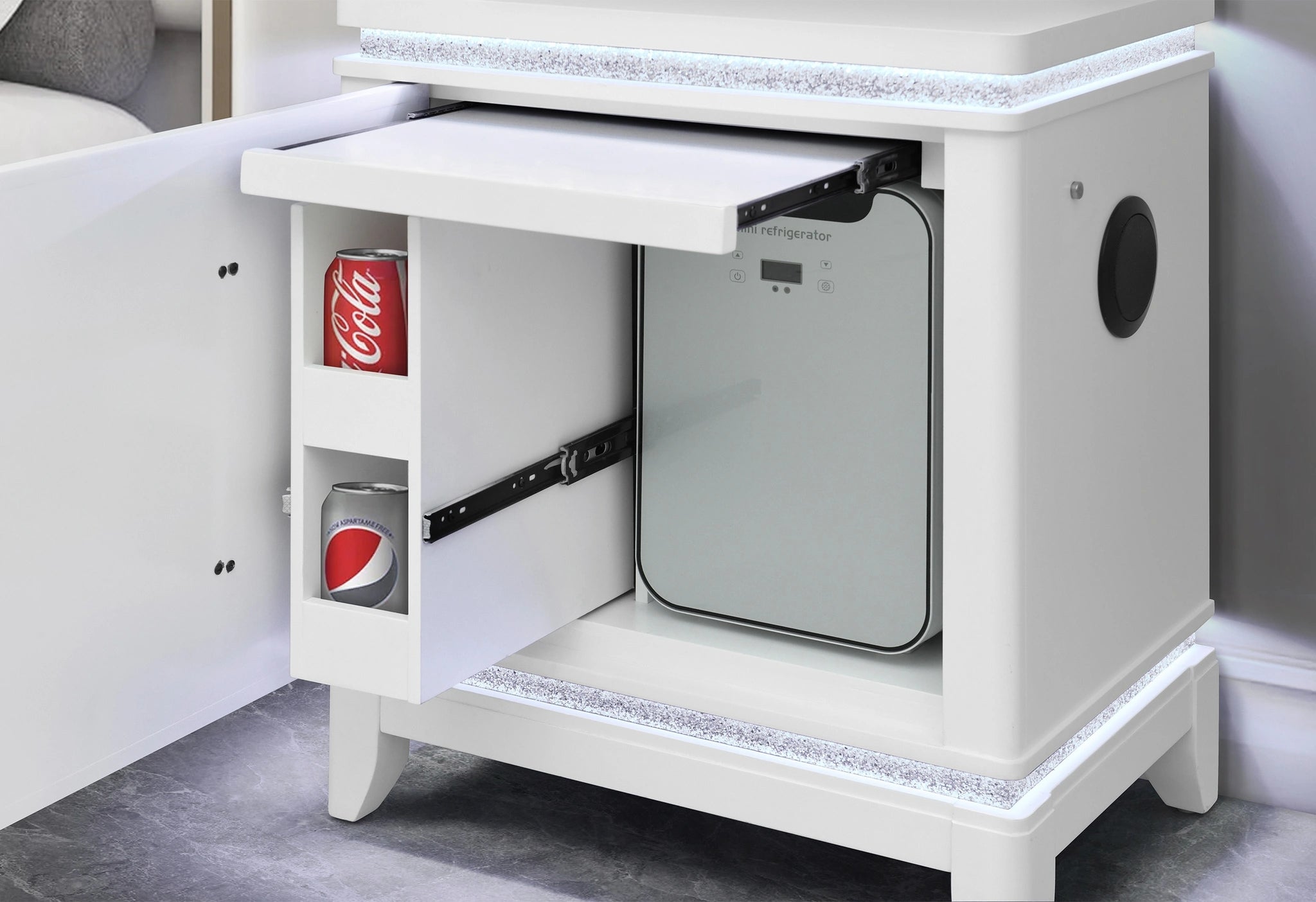 Alina White Nightstand with Cooler, LED, Speaker and USB