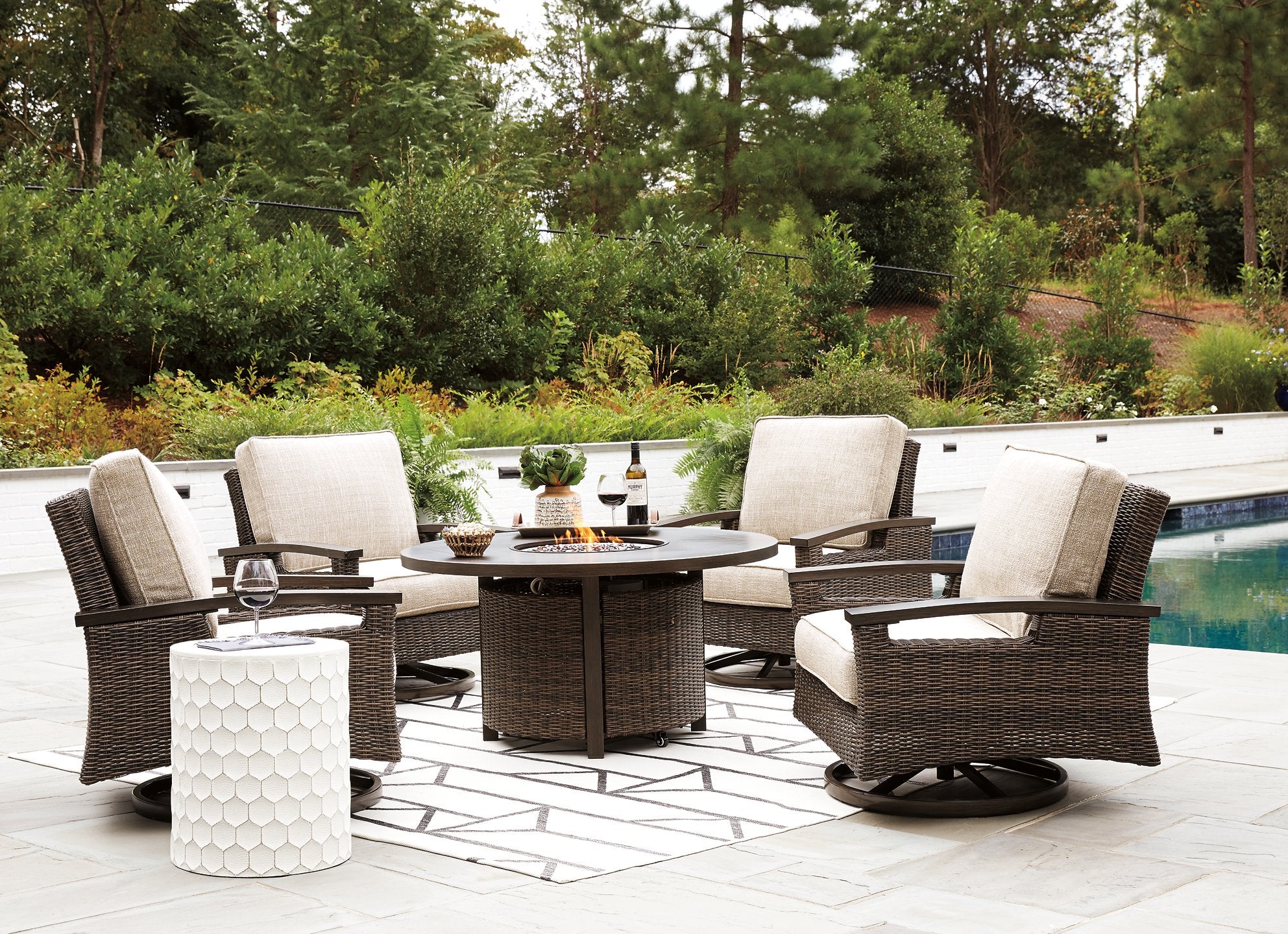 Paradise Trail Paradise Trail Fire Pit Table with 4 Nuvella Swivel Lounge Chairs - Joseph's Furniture (East Orange, NJ)