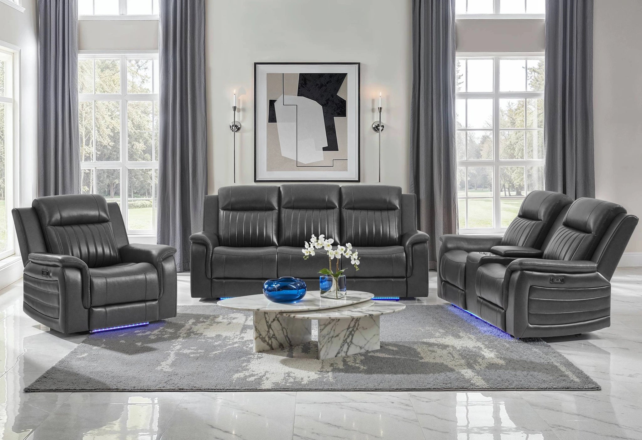 U8879 Charcoal Pwr Rec Sofa/Pwr Con Rec Loveseat/Pwr Rec W/LED & Gl Ss