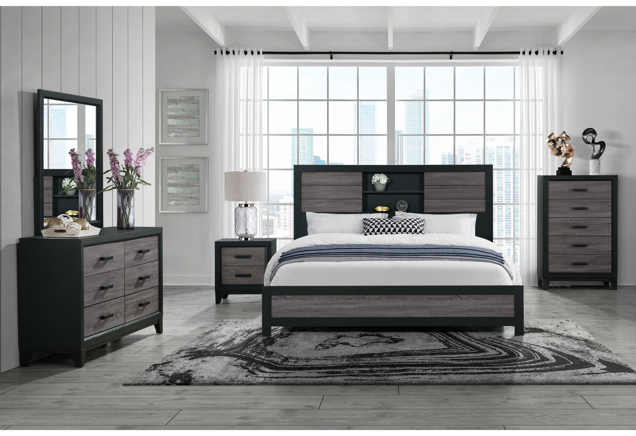 Lisbon Grey/Black Bookcase Bed Group