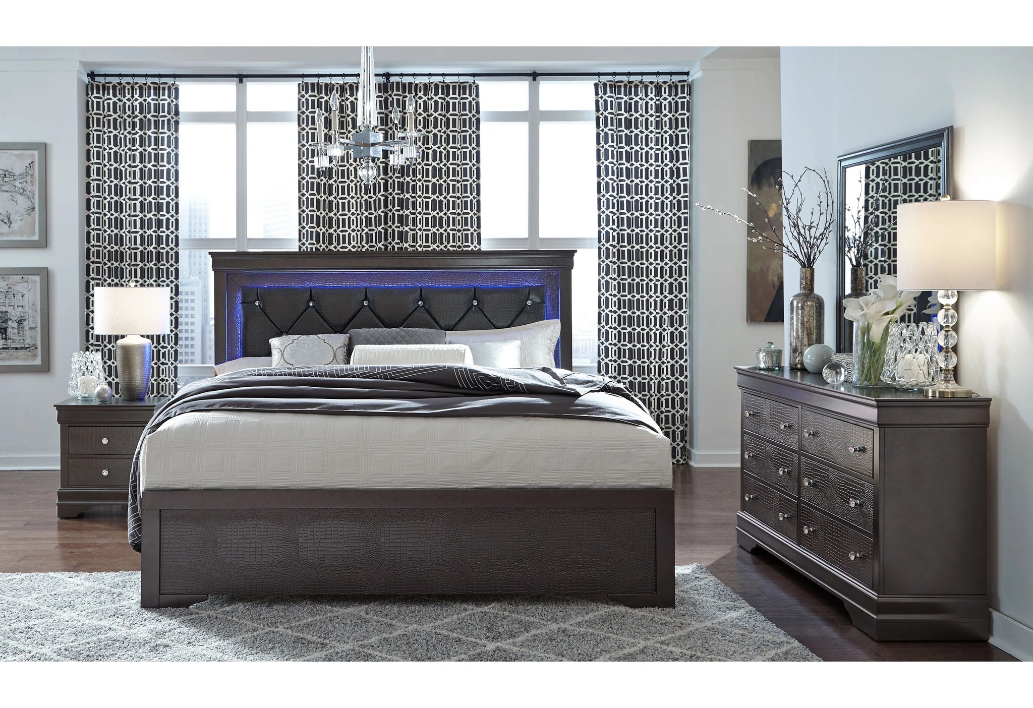 Pompei Bed with LED, Dresser, Mirror and Nightstand