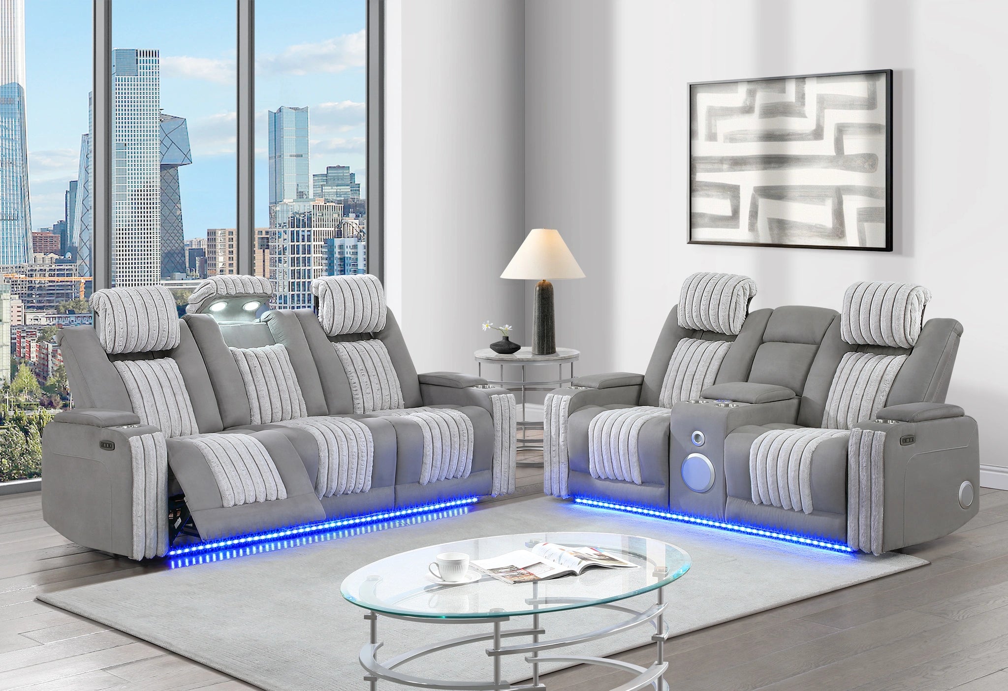 U8000 Grey Pwr Rec Sofa/Pwr Console Rec Loveseat W/PHR