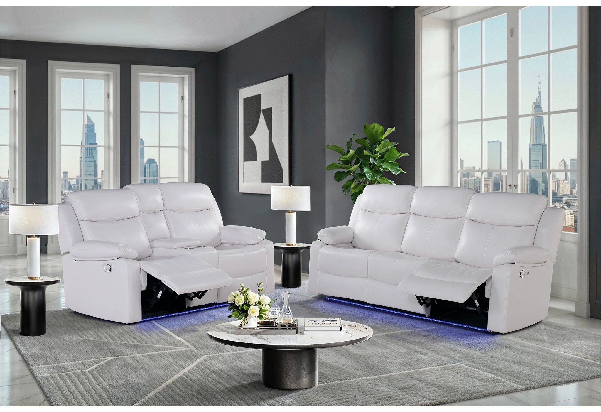 U6026 Blanche White Rec Sofa/Console Rec Loveseat with LED and Speaker